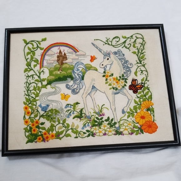 unknown Other - Vintage unicorn enchanted garden cross stitch art